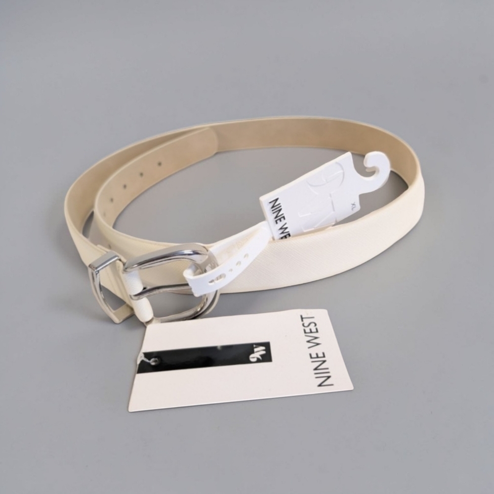 Nine West White Faux Leather Belt Silver Buckle Classic Minimalist XL NWT